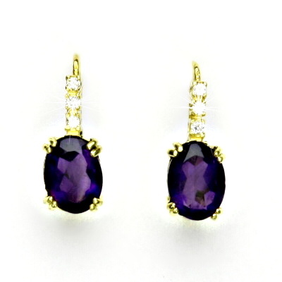 Zlaté náušnice, žluté i bílé zlato, přírodní ametyst tmavý - VE 8