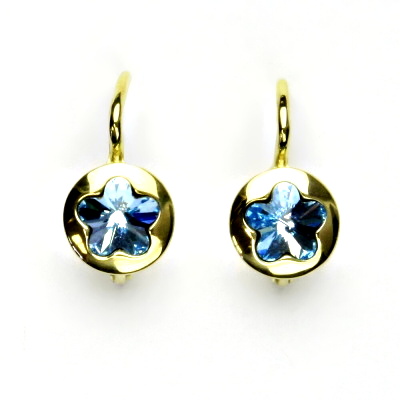 Zlaté náušnice, žluté zlato, Swarovski krystal akvamarin, kytičky, NK 1300