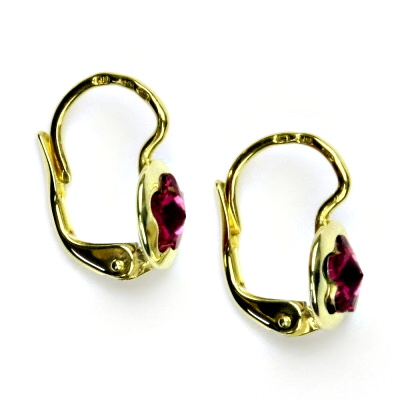 Zlaté náušnice, žluté zlato, Swarovski krystal fuchsia, kytičky, NK 1300