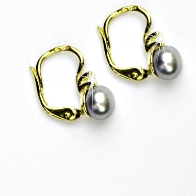 Zlaté náušnice, žluté i bílé zlato, přírodní šedá perla - NK 1243