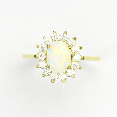 Zlatý prsten, žluté i bílé zlato, Kate, syntetický opál bílý, čiré zirkony, T 1507