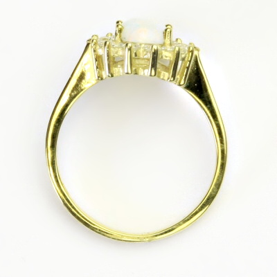 Zlatý prsten, žluté i bílé zlato, Kate, syntetický opál bílý, čiré zirkony, T 1507