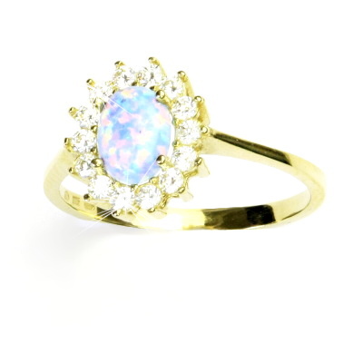 Zlatý prsten Kate, žluté i bílé zlato, světle modrý synt. opál a čiré zirkony - T 1507