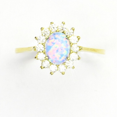 Zlatý prsten Kate, žluté i bílé zlato, světle modrý synt. opál a čiré zirkony - T 1507