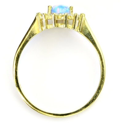 Zlatý prsten Kate, žluté i bílé zlato, světle modrý synt. opál a čiré zirkony - T 1507