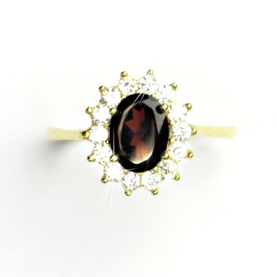 Zlatý prsten Kate, žluté i bílé zlato, přírodní granát a čiré zirkony - T 1507