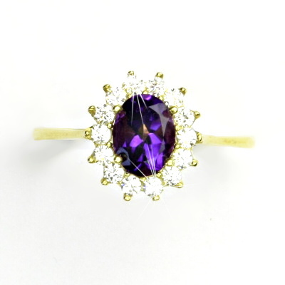 Zlatý prsten Kate, žluté i bílé zlato, přírodní tmavý ametyst a čiré zirkony - T 1507