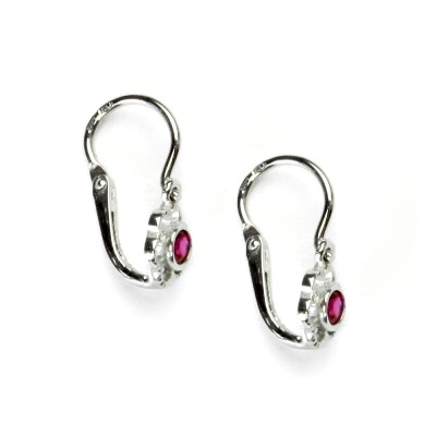 Zlaté dětské náušnice,bílé zlato,kytičky, zirkon v barvě rubínu, VE 197