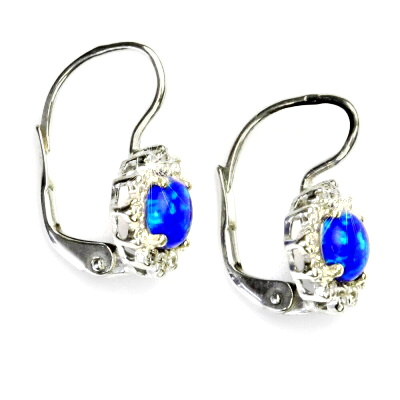 Zlaté náušnice, bílé i žluté zlato, čiré zirkony a tmavě modrý synt. opál - NK 1495 