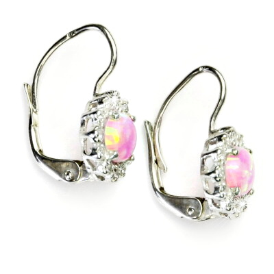 Zlaté náušnice, bílé i žluté zlato, čiré zirkony a růžový synt. opál  - NK 1495