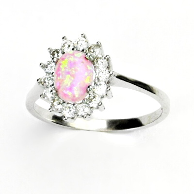Zlatý prsten Kate, bílé i žluté zlato, růžový syntetický opál - T 1507 