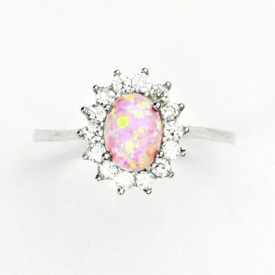 Zlatý prsten Kate, bílé i žluté zlato, růžový syntetický opál - T 1507 