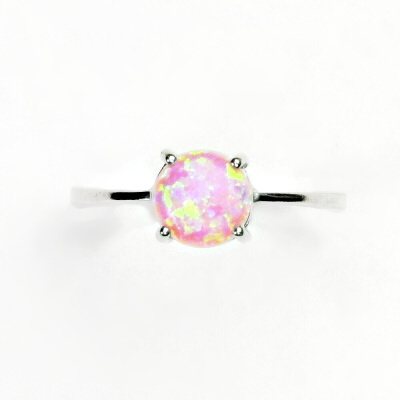 Zlatý prstýnek, bílé i žluté zlato, růžový syntetický opál 7 mm - T 1252 