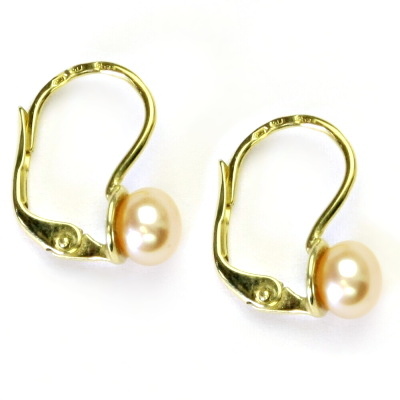 Zlaté náušnice, žluté i bílé zlato, lososová přírodní říční perla - NK 1183 6 mm