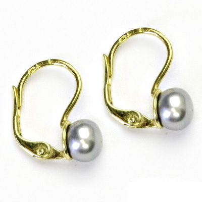 Zlaté náušnice, žluté i bílé zlato, šedá přírodní říční perla - NK 1183  6 mm
