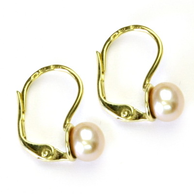 Zlaté náušnice, žluté i bílé zlato, růžová přírodní říční perla - NK 1183  6 mm