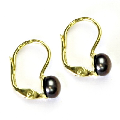 Zlaté náušnice, žluté i bílé zlato, černá přírodní říční perla - NK 1183   6 mm