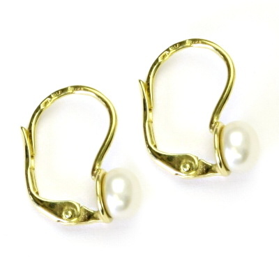 Zlaté náušnice, žluté i bílé zlato, bílá přírodní říční perla - NK 1183  6 mm 