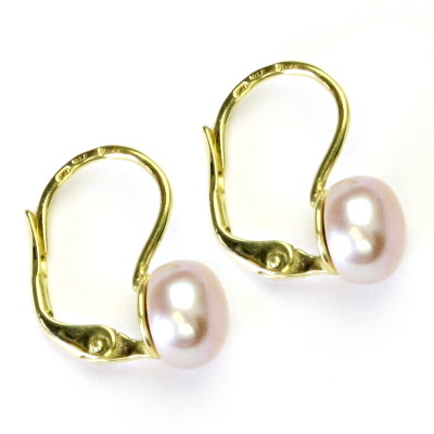 Zlaté náušnice, růžová přírodní říční perla, žluté i bílé zlato - NK 1183  7,5 mm