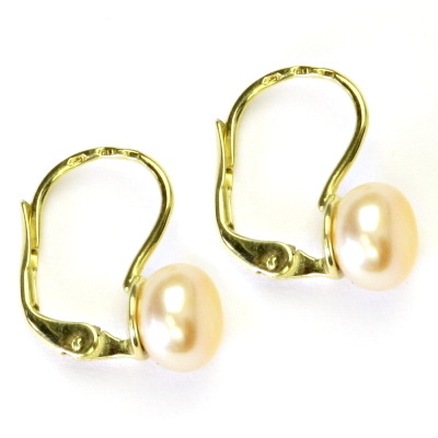 Zlaté náušnice, lososová přírodní říční perla, žluté i bílé zlato - NK 1183  7,5 mm 