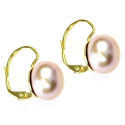 Zlaté náušnice, růžová přírodní říční perla,12 mm, žluté i bílé zlato, NK 1299