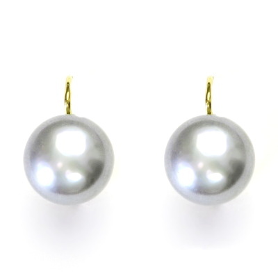 Zlaté náušnice, šedá přírodní říční perla 12 mm, žluté i bílé zlato, NK 1299