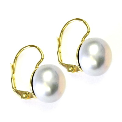 Zlaté náušnice, šedá přírodní říční perla 12 mm, žluté i bílé zlato, NK 1299