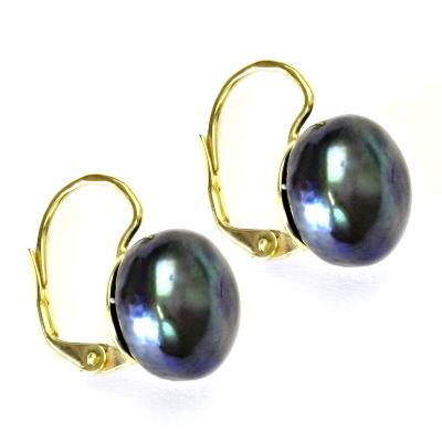 Zlaté náušnice, černá přírodní říční perla 12-13 mm, žluté i bílé zlato - NK 1298  poslední páry
