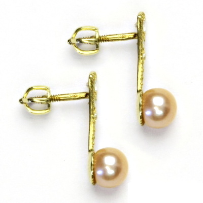 Zlaté náušnice, lososová přírodní říční perla, žluté zlato, NŠ 1241