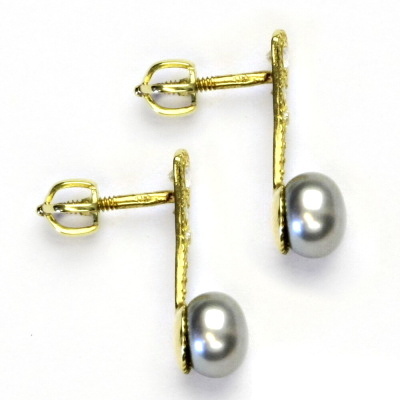 Zlaté náušnice, šedá přírodní říční perla, žluté zlato, NŠ 1241 