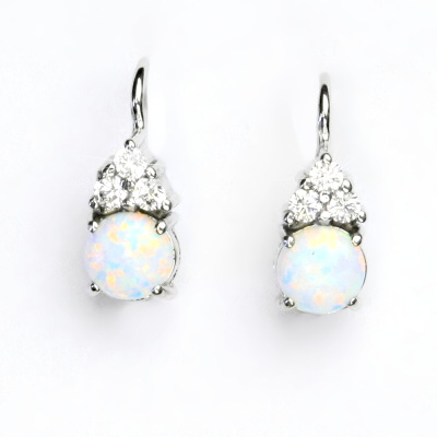 Zlaté náušnice, bílé i žluté zlato, čiré zirkony a bílý syntetický opál - VE 168 