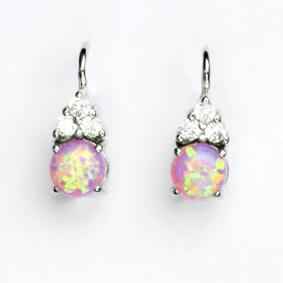 Zlaté náušnice, bílé i žluté zlato, čiré zirkony a růžový syntetický opál - VE 168