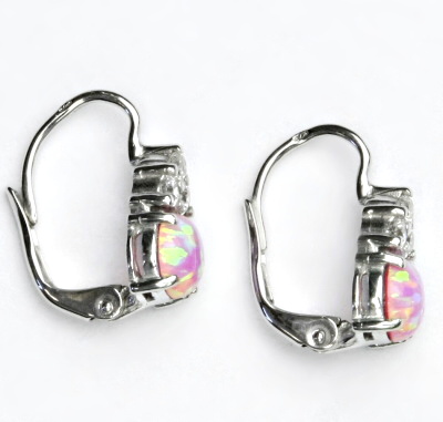 Zlaté náušnice, bílé i žluté zlato, čiré zirkony a růžový syntetický opál - VE 168