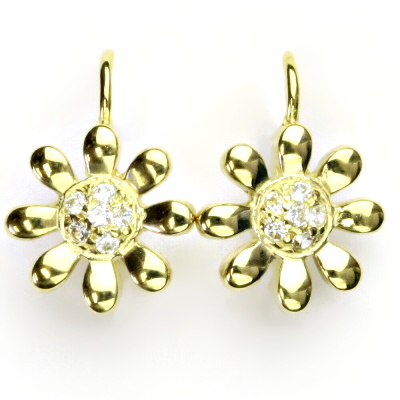 Zlaté náušnice kytička, žluté zlato, čiré zirkony - VE 143