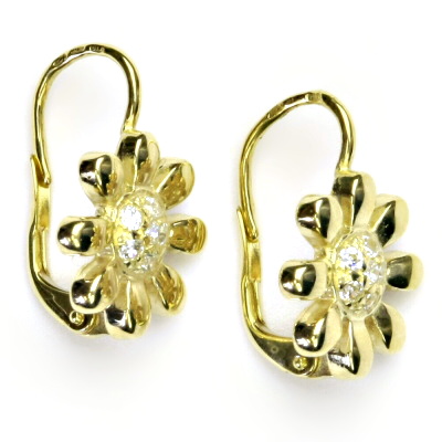 Zlaté náušnice kytička, žluté zlato, čiré zirkony - VE 143