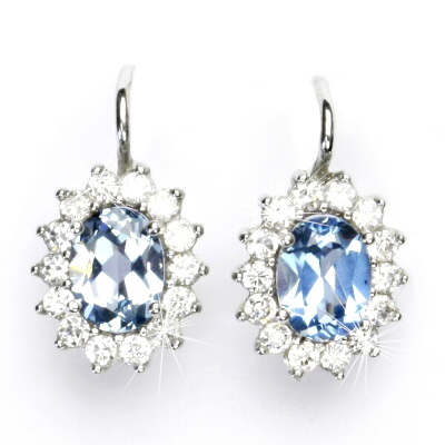 Zlaté náušnice Kate, bílé i žluté zlato, zirkon akvamarin tmavý a čiré zirkony, NK 1507