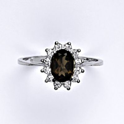 Zlatý prsten Kate, přírodní záhněda, čiré zirkony, bílé i žluté zlato - T 1480 