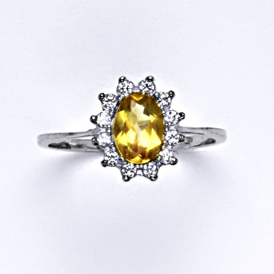 Zlatý prsten Kate, přírodní citrín pálený, čiré zirkony, bílé i žluté zlato - T 1480