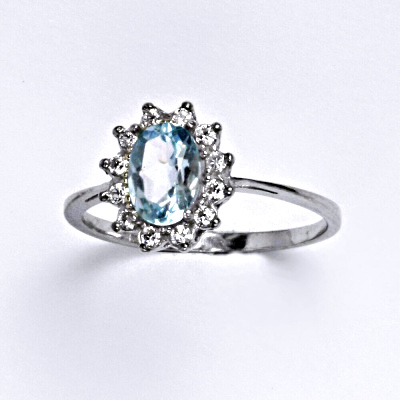 Zlatý prsten Kate, přírodní topaz sky, čiré zirkony, bílé i žluté zlato - T 1480 