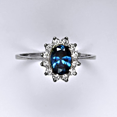 Zlatý prsten Kate, zirkon akvamarin tmavý, čiré zirkony - bílé zlato, T 1480 