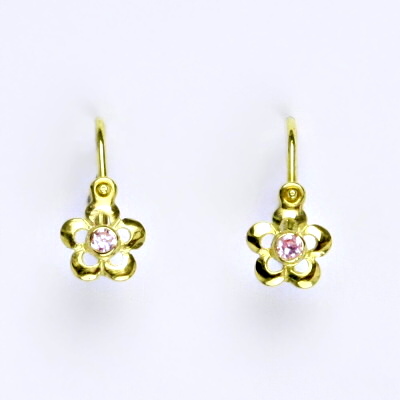 Dětské náušnice zlaté s růžovým zirkonem, žluté zlato, 0,80 g, NK 1385
