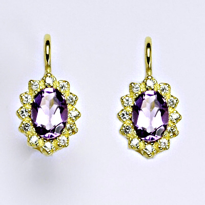 Zlaté náušnice Kate, žluté i bílé zlato ,přírodní světlý ametyst 7x5 mm - VE 247