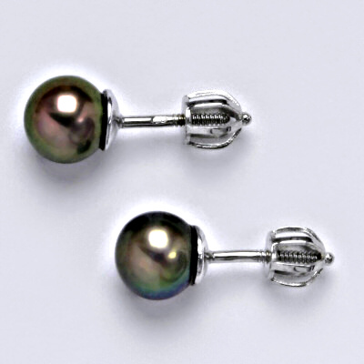 Náušnice z bílého zlata, přírodní říční perla černá 7,5 mm, NŠ 1183