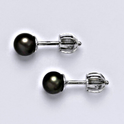 Zlaté náušnice, bílé zlato, přírodní říční černá perla 5,5 -6 mm, NŠ 1183