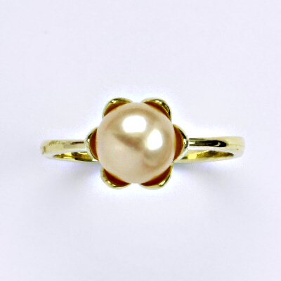 Zlatý prsten s přírodní lososovou perlou 8 mm,žluté i bílé zlato, T 1351 v.v