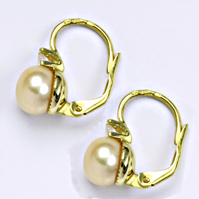 Zlaté náušnice s přírodní lososovou perlou, žluté i bílé zlato zlato, NK 1207