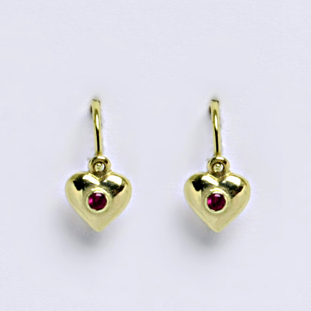 Dětské náušnice žluté zlato srdce rubín NK 1327