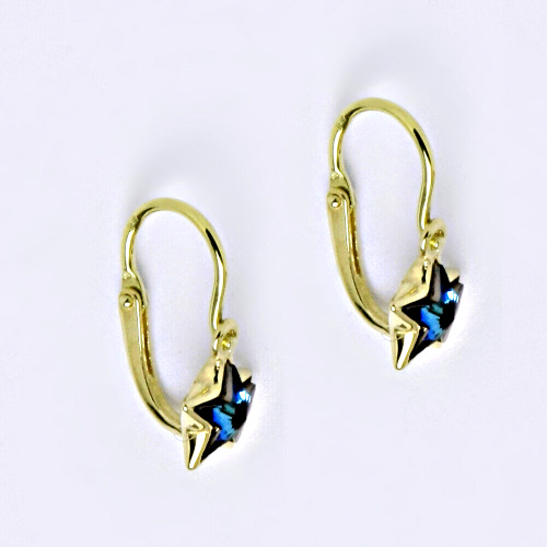 Dětské náušnice, žluté zlato, hvězdičky se Swarovski krystalem modrá bermuda blue NK 1326