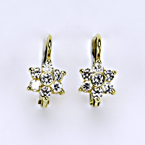 Zlaté náušnice kytičky , žluté i bílé zlato , čiré zirkony - VE 58