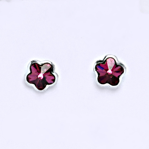 NŠ 1297 Zlaté náušnice na šroubek, bílé zlato, krystal Swarovski Fuschia